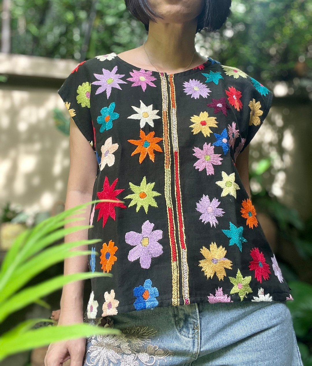 Floral Shirt - 手工刺绣花卉黑色衬衫 - 女装上衣 - 棉 黑色
