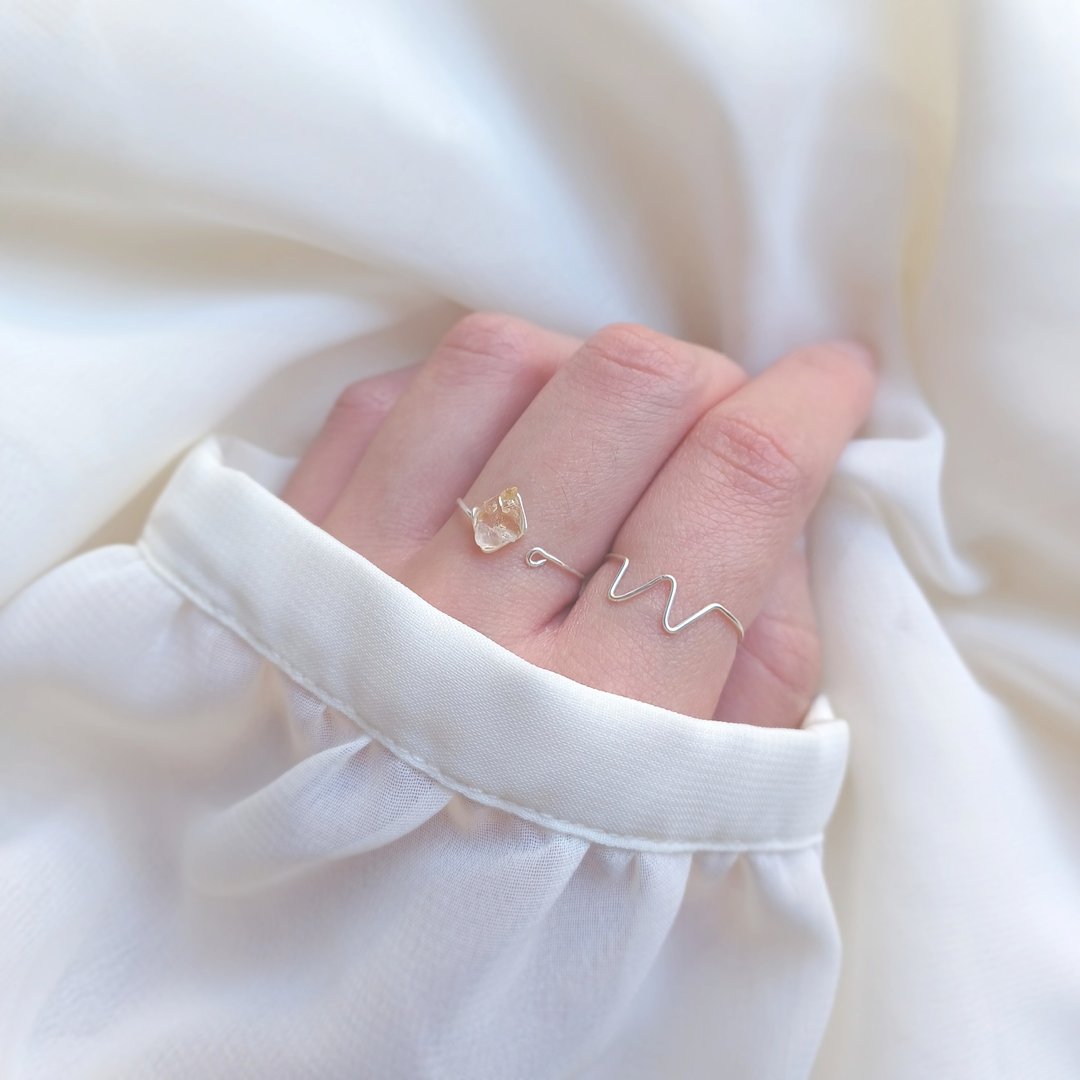 Natural stone simple Silver wire ring set NO.03 (citrine free size) - 戒指 - 石头 黄色