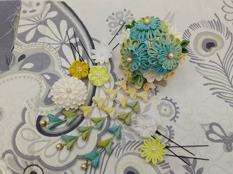 【促销】成人式和毕业典礼。日本传统工艺品，妻见细工发饰套装，纯丝蓝色。 - 发饰 - 丝．绢 蓝色