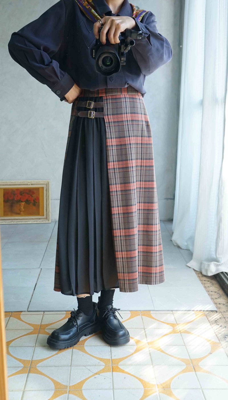 寻宝古着-学院风砖红格纹拼接百折长裙 - 裙子 - 聚酯纤维 黑色