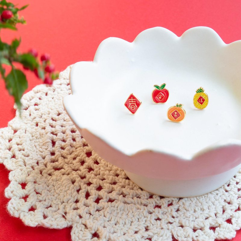 凤梨 橘子 苹果 春节过年 新年好运汪汪来 夹式耳环 交换礼物 - 耳环/耳夹 - 珐琅 红色