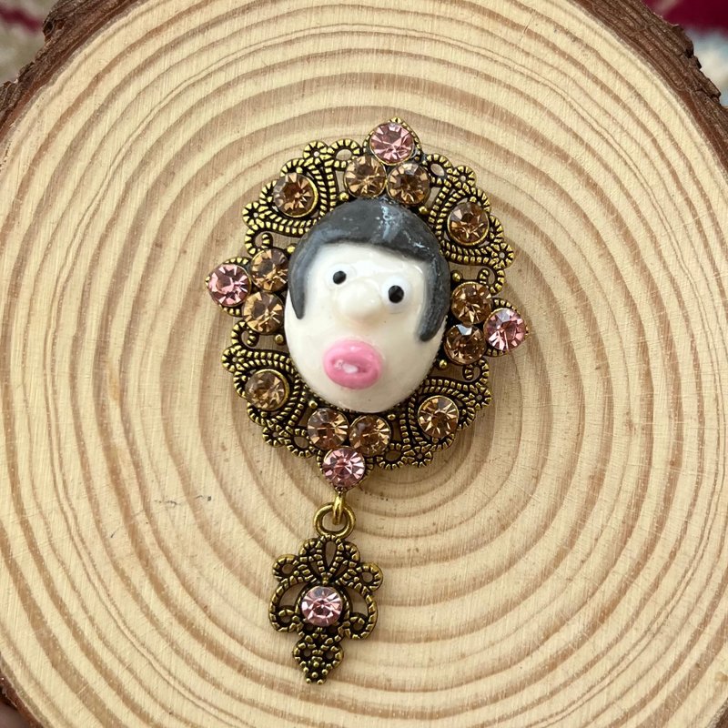 可爱的脸部造型胸针 - 胸针 - 粘土 金色