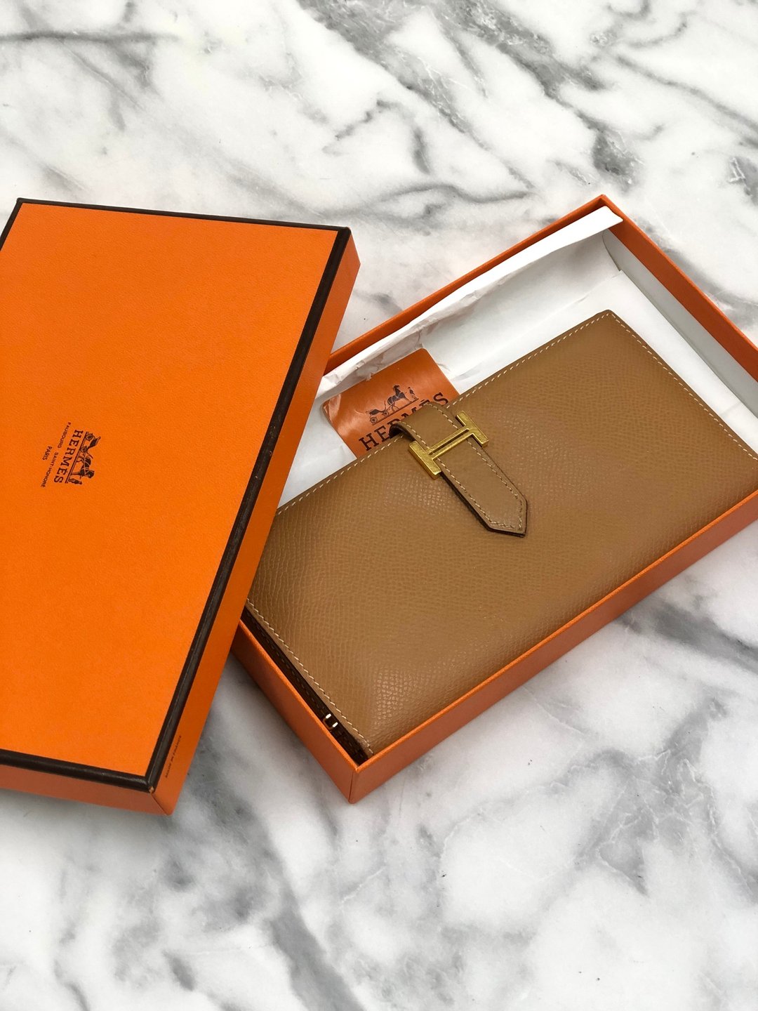 【日本直送，铭牌二手包装】HERMES Bearn皮革长钱包钱包驼色vintage复古老4zu3at - 皮夹/钱包 - 真皮 咖啡色