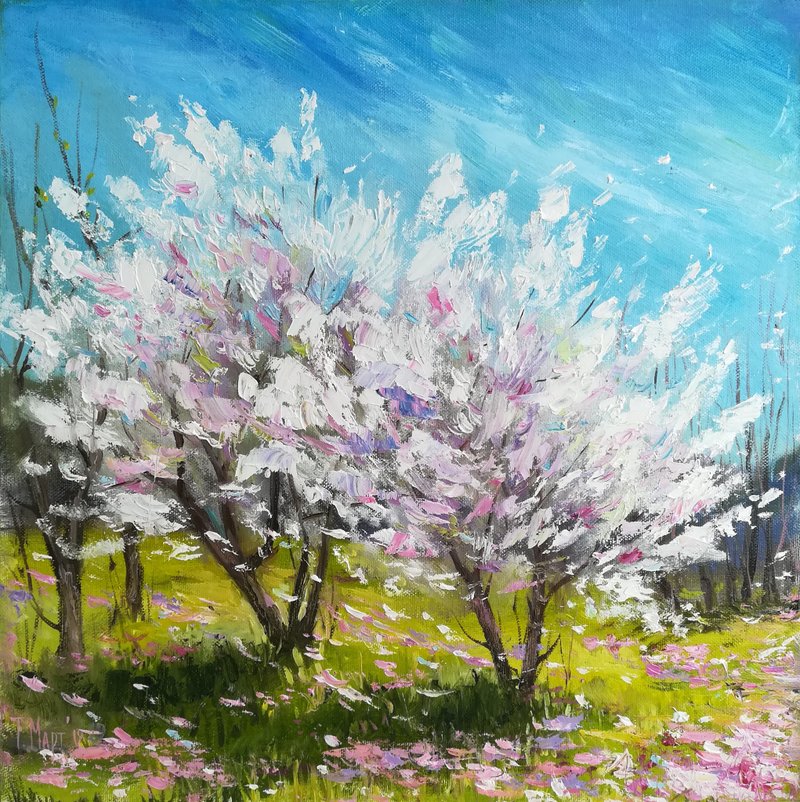 Spring landscape oil painting on canvas original Two trees Blossom trees artwork - 墙贴/壁贴 - 其他材质 多色