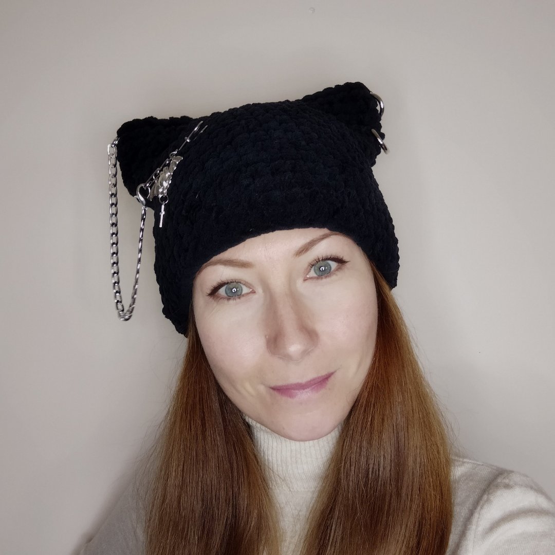 猫耳毛线帽钩针编织  带有猫耳朵的哥特式帽子  带耳朵的万圣节帽 - 帽子 - 其他材质 