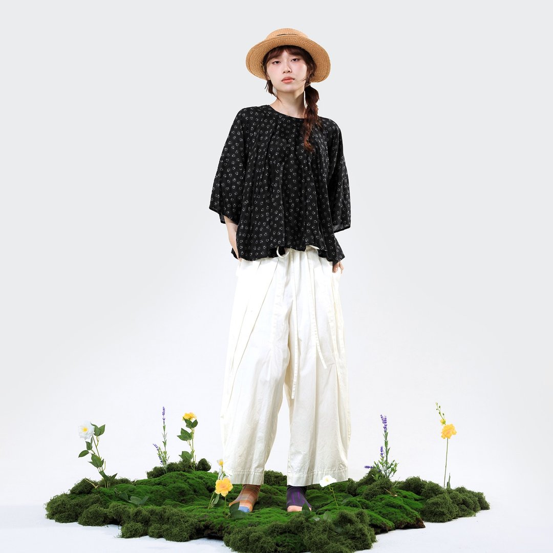 跨步多褶绑带茧型长宽裤 - 女装长裤 - 棉．麻 白色