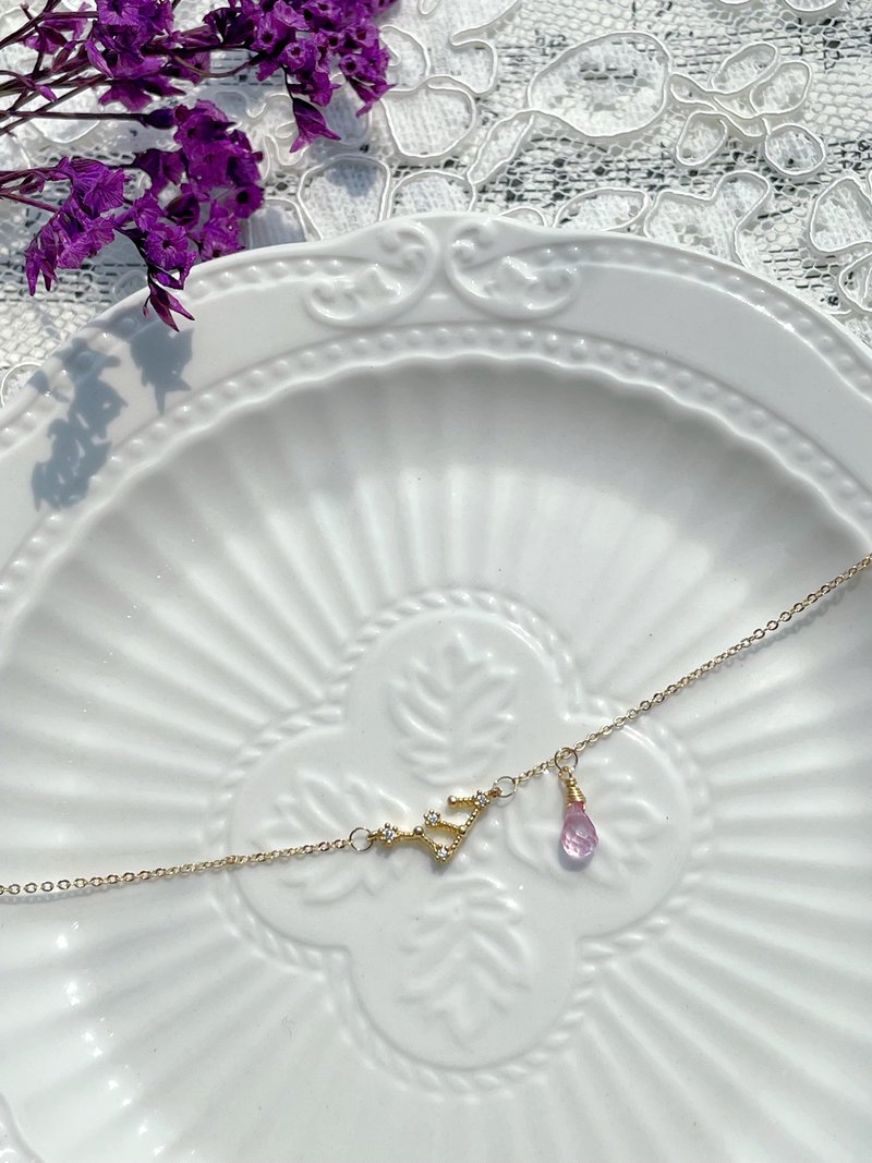 14K包金 星座 粉托帕石 水滴 手链 极细 极简 轻珠宝 - 手链/手环 - 半宝石 粉红色