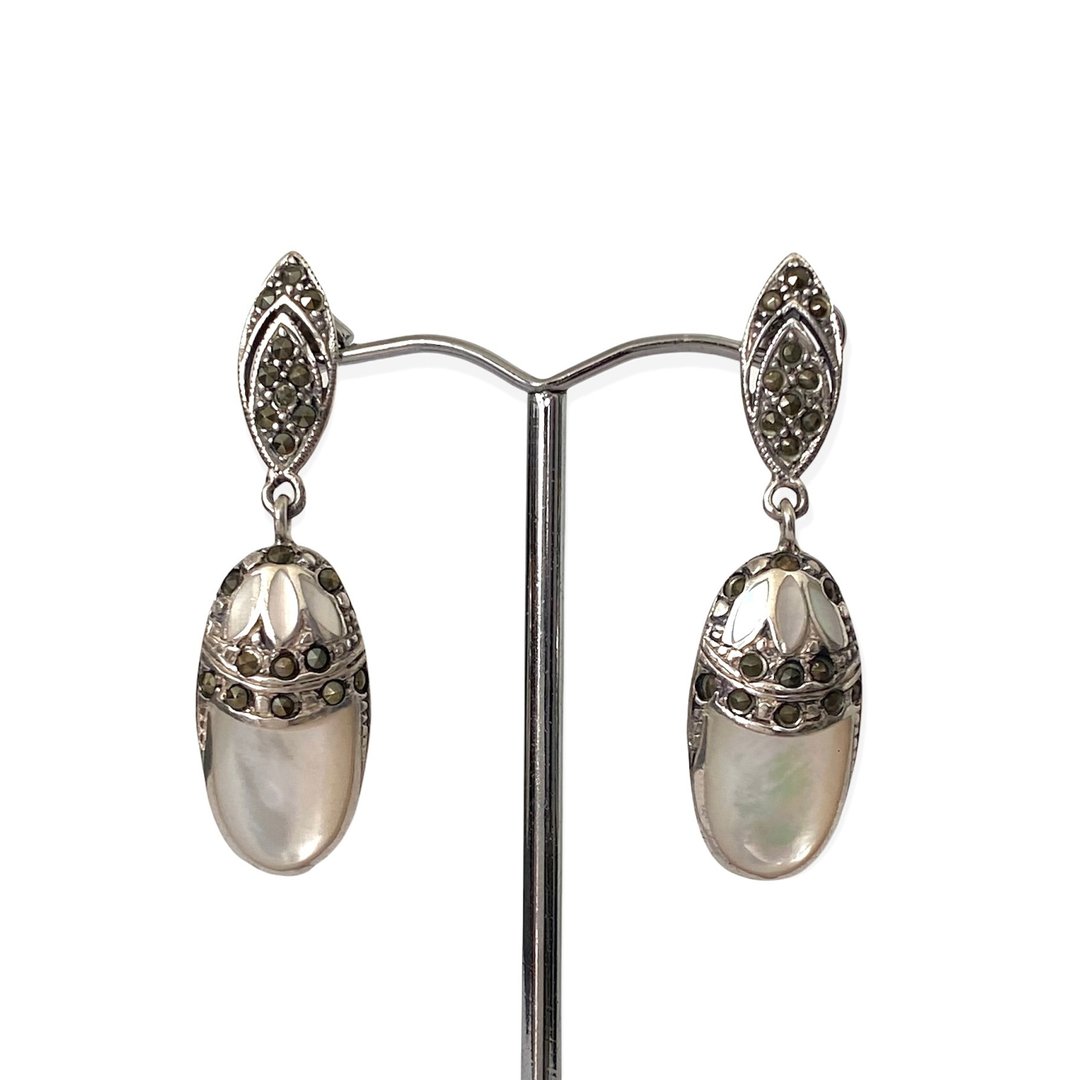 Art Deco Style Mother of Pearl&Marcasite Drop Earrings / Set 925 Sterling Silver - 耳环/耳夹 - 纯银 白色