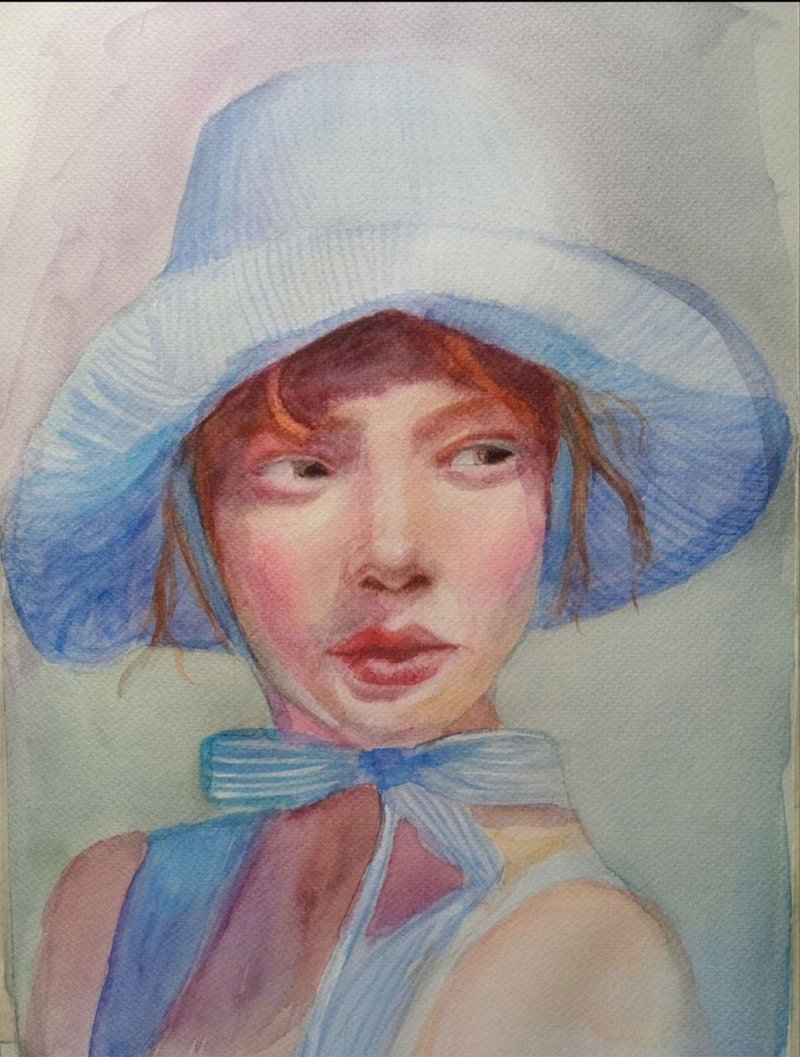 戴蓝帽子的女孩 手绘水彩画 原创艺术 - 海报/装饰画/版画 - 棉．麻 透明