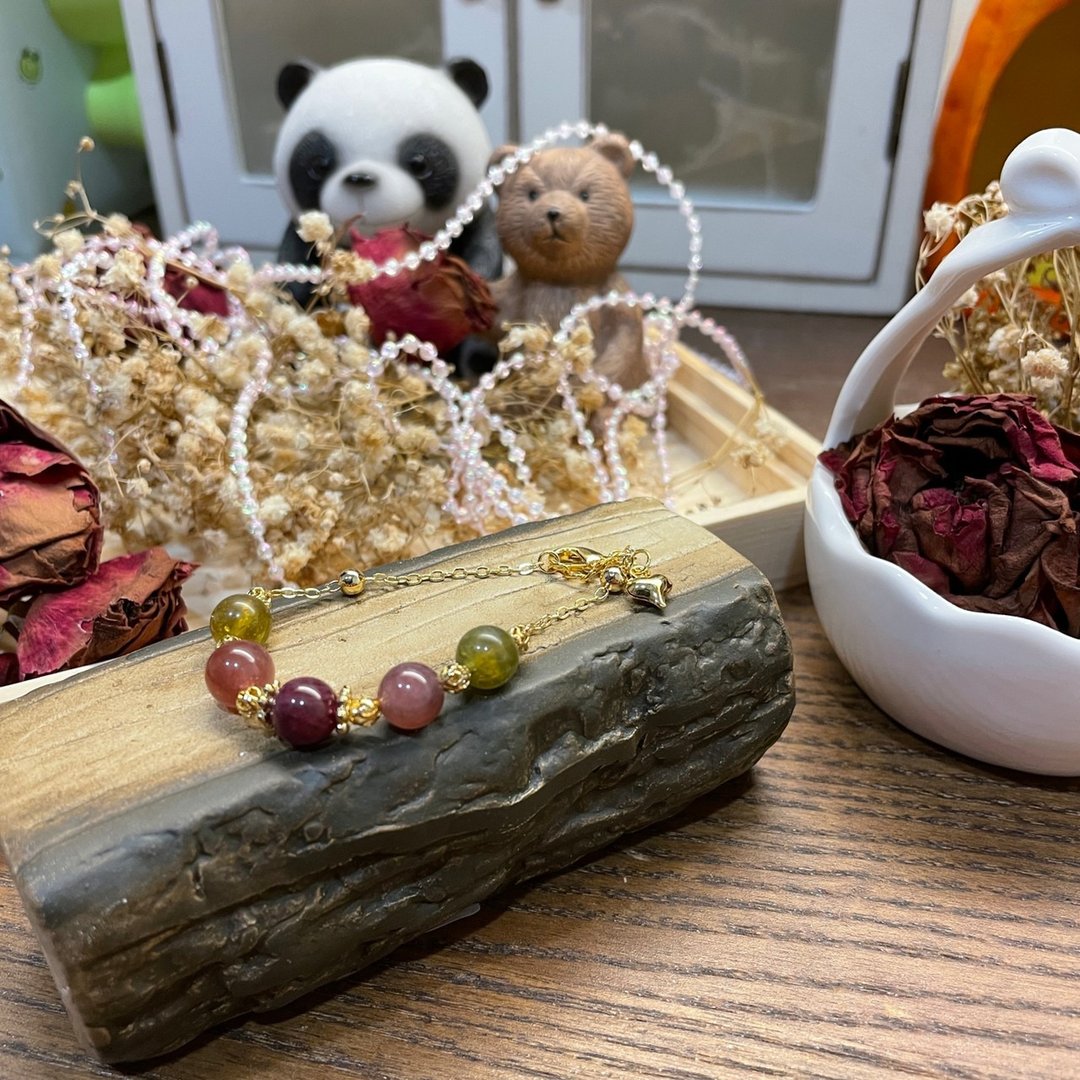 彩虹天堂,多彩碧玺宝石手链,设计款文创手作,注金,元元圆滚滚 - 手链/手环 - 水晶 
