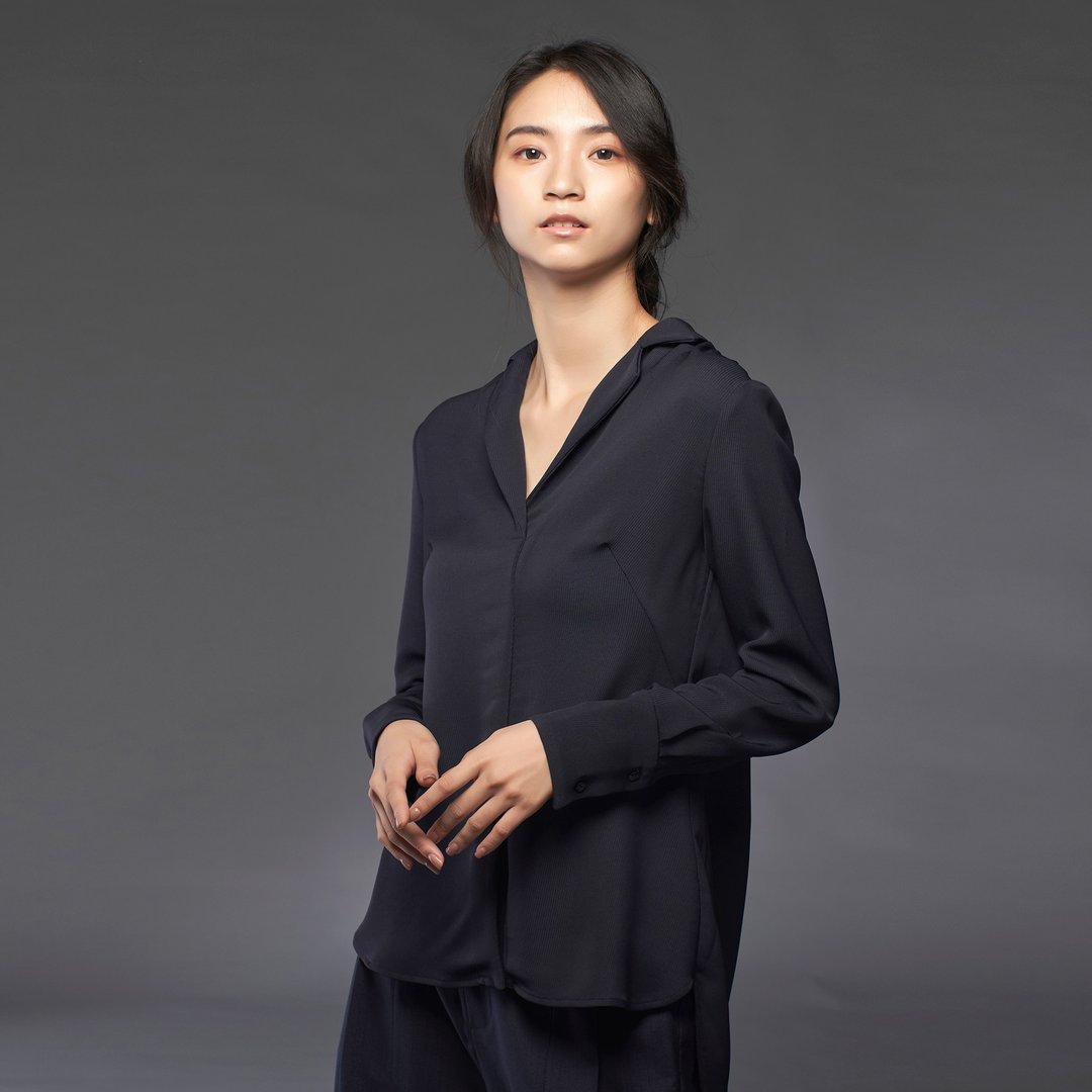 黑蓝色西装领背部大活折衬衫-日本制布料 - 女装衬衫 - 聚酯纤维 黑色