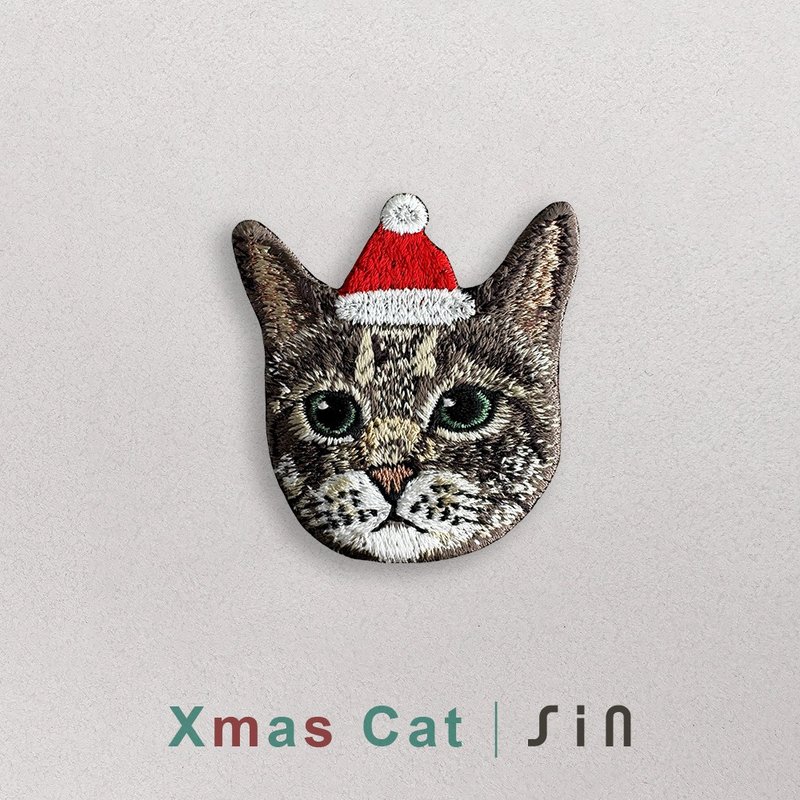 单卡圣诞小猫-刺绣贴纸-绿眼白底虎斑猫(XHC0014) - 贴纸 - 绣线 红色