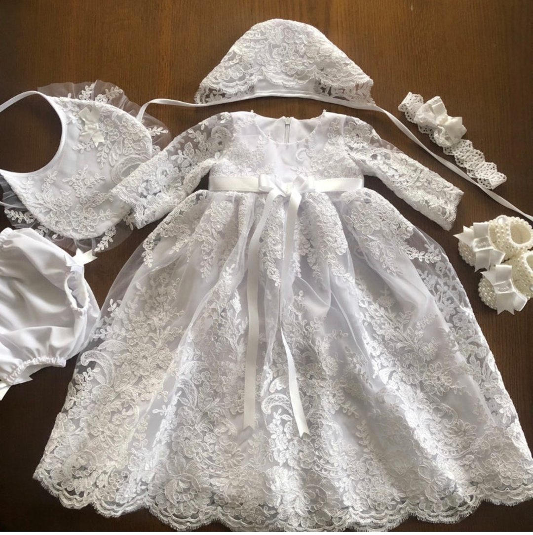 White clothing set for baby girl: dress, bonnet, headband, panties, bib, shoes. - 童装礼服/连衣裙 - 其他材质 白色