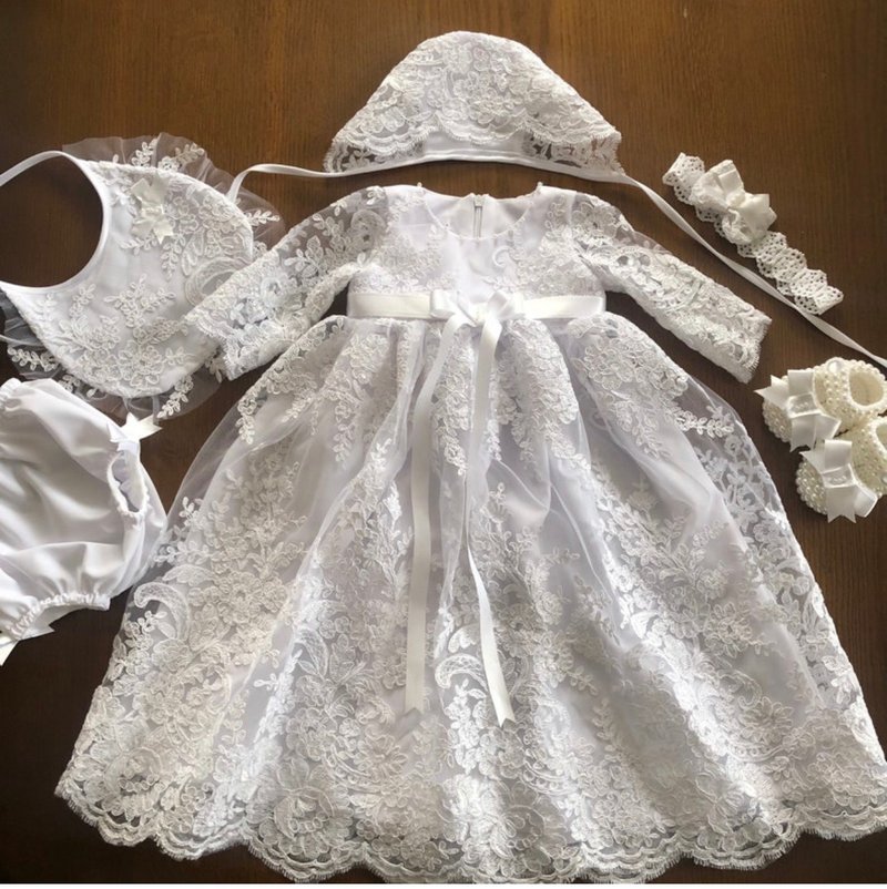 White clothing set for baby girl: dress, bonnet, headband, panties, bib, shoes. - 童装礼服/连衣裙 - 其他材质 白色