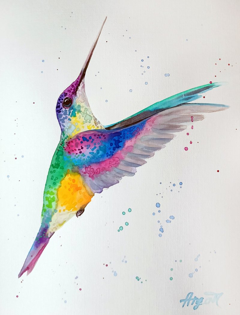 Watercolor original room decor hummingbird painting art by Anne Gorywine - 墙贴/壁贴 - 纸 白色