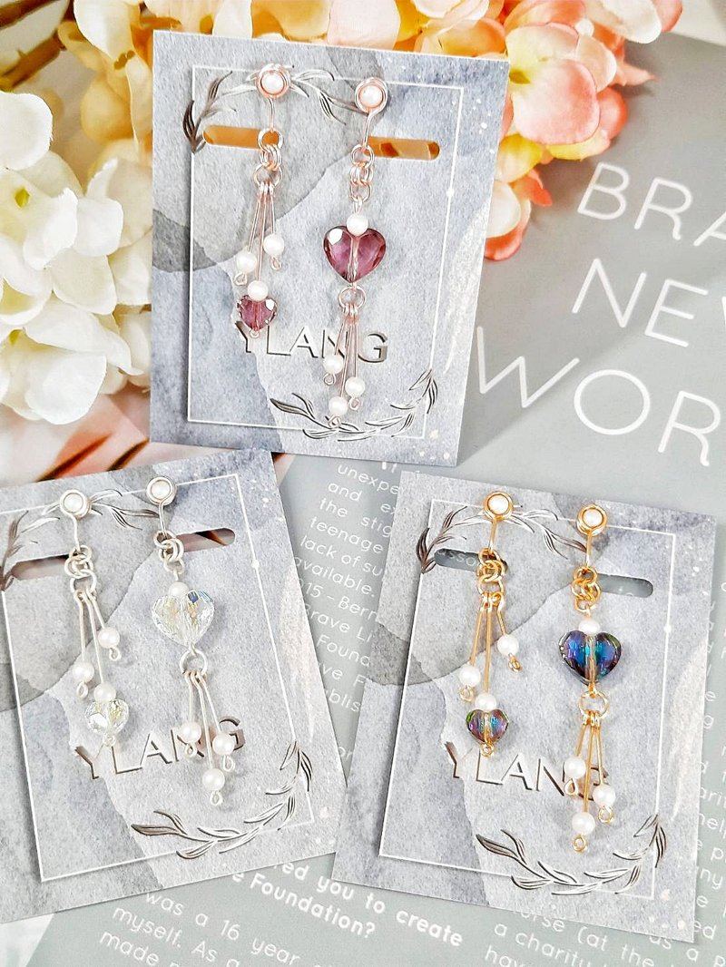 YLANG【心语】不对称耳环Swarovski心型水晶/艺术铜线 - 耳环/耳夹 - 其他金属 多色