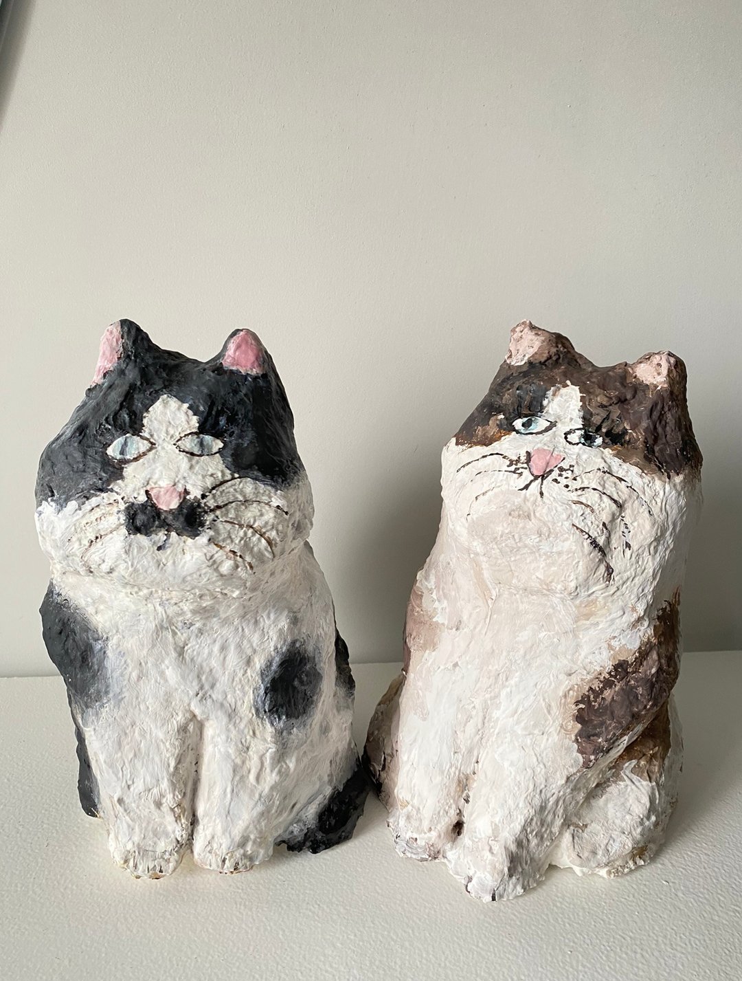 一对猫的情侣雕像由纸浆和粘土制成 手绘猫礼品套装雕塑 - 玩偶/公仔 - 其他材质 