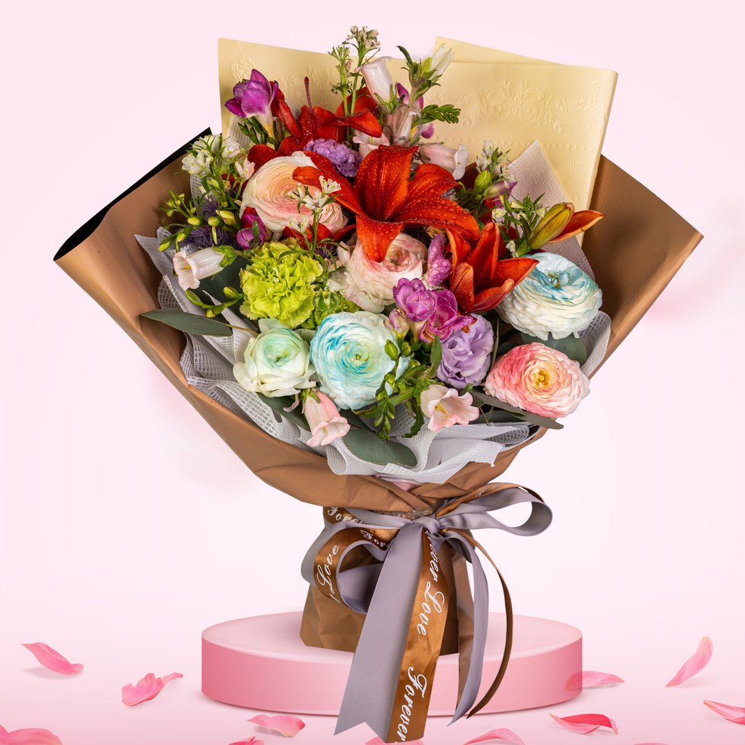 鲜花花束 (康乃馨9支、橙百合、桔梗、风铃、小牡丹、香雪兰、尤) - 植栽/盆栽 - 植物．花 