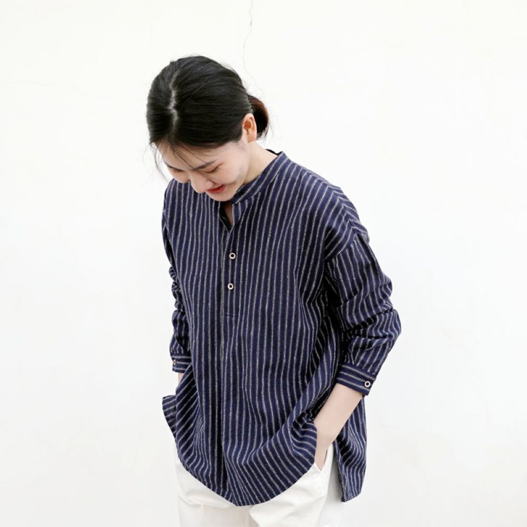 【掷布为衣 ZBWY】日本手工感面料木棉真丝混纺法式条纹衬衫 暗蓝 - 女装上衣 - 棉 蓝色