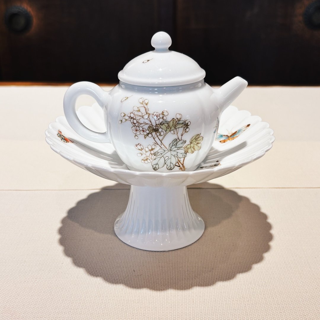 自慢监制 不言美器 釉中彩 菊瓣高足 壶承 果盘 - 茶具/茶杯 - 瓷 