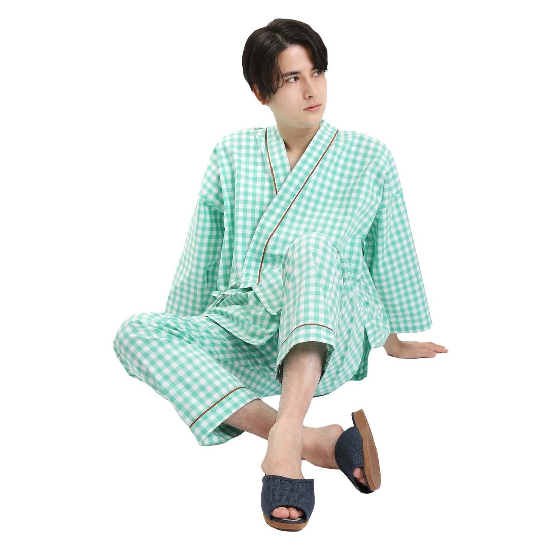 日本 和服 格子 作务衣 日式 休闲 室内服 睡衣 男女通用 緑色 - 中性连帽卫衣/T 恤 - 棉 绿色