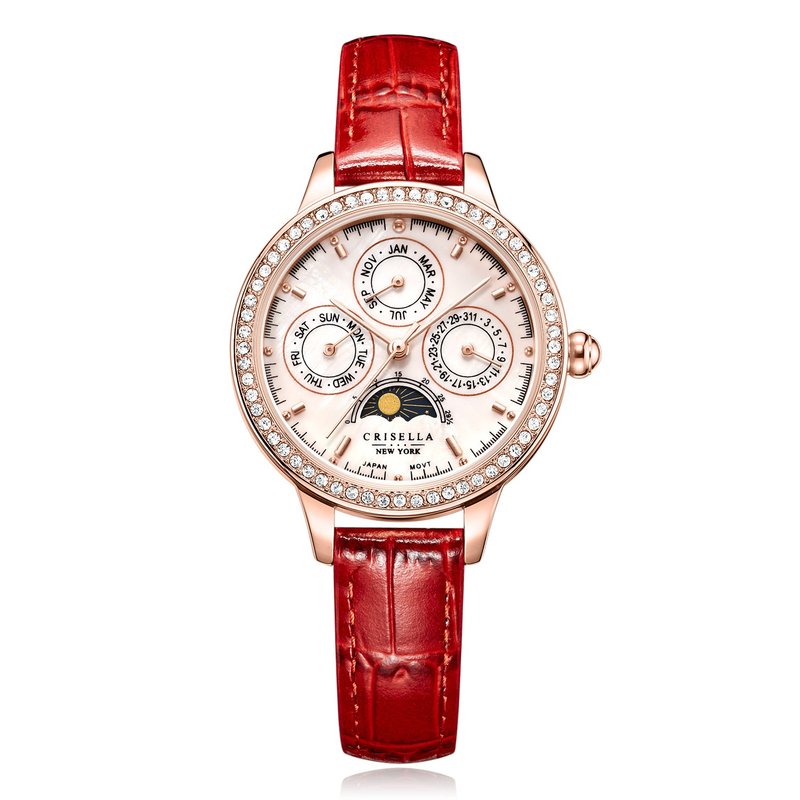 日月星辰多功能锆石真皮女士手表 - 女表 - 其他金属 多色