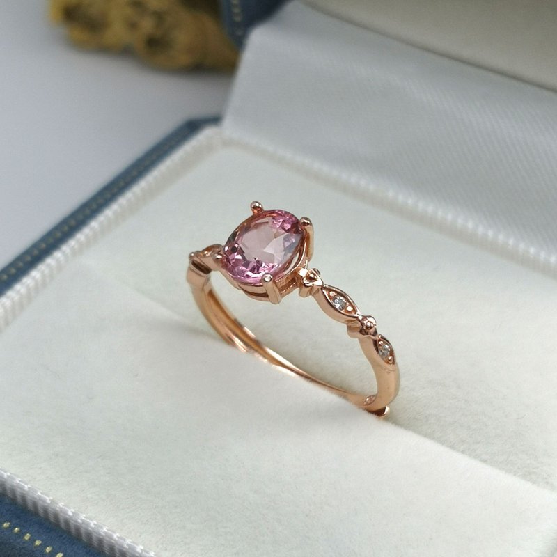 樱花粉碧玺 天然碧玺 晶体透彻 柔美古典玫瑰金色 好人缘 纯银戒 - 戒指 - 纯银 粉红色