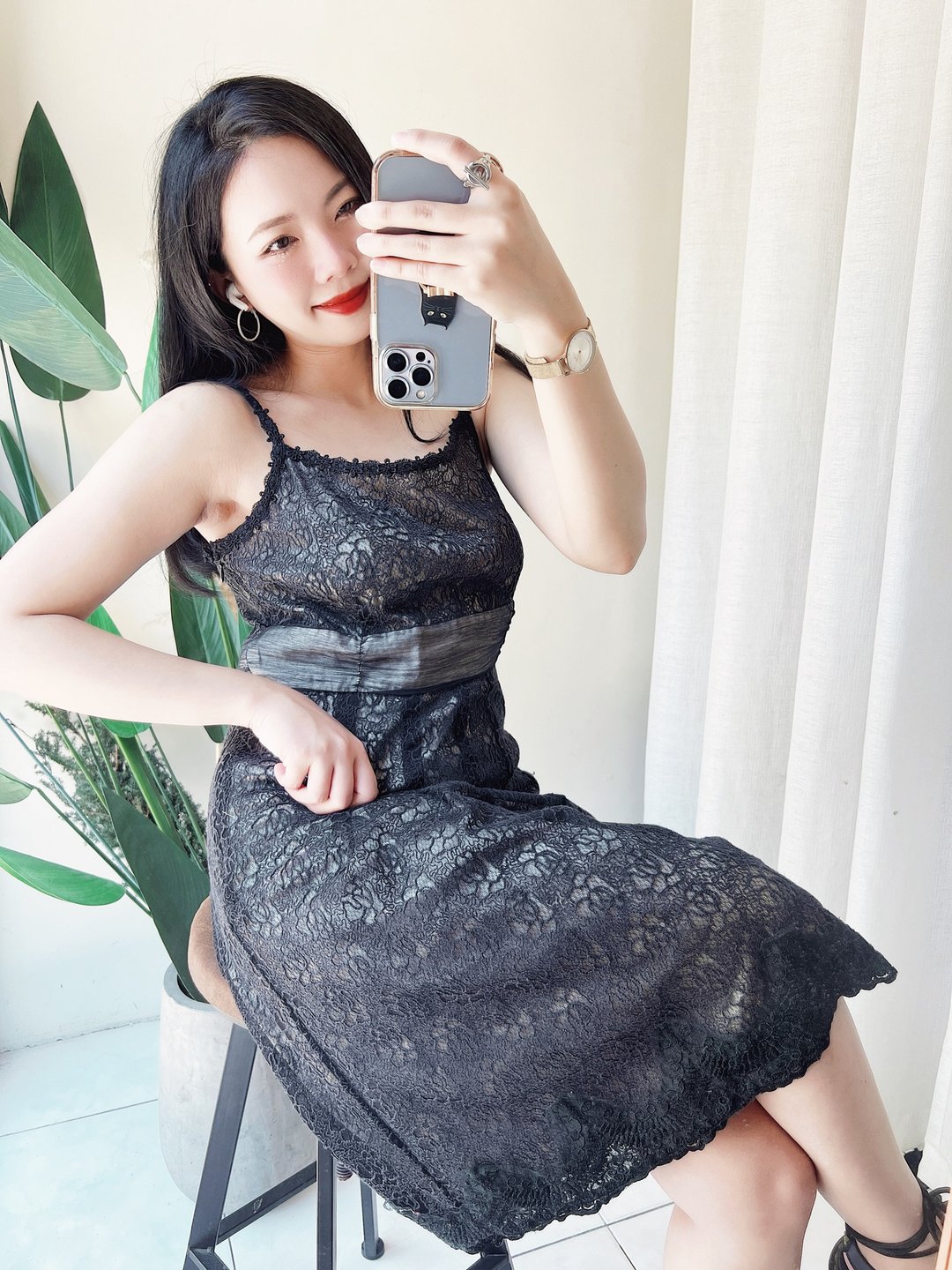 墨黑浪漫蕾丝滚边细肩带 古着洋装连衣裙连身裙 vintage dress - 洋装/连衣裙 - 棉 黑色