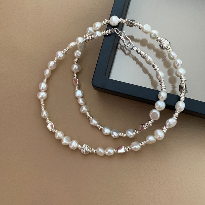 不规则珍珠纯银项链 天然淡水珍珠纯银制碎银 - 项链 - 珍珠 