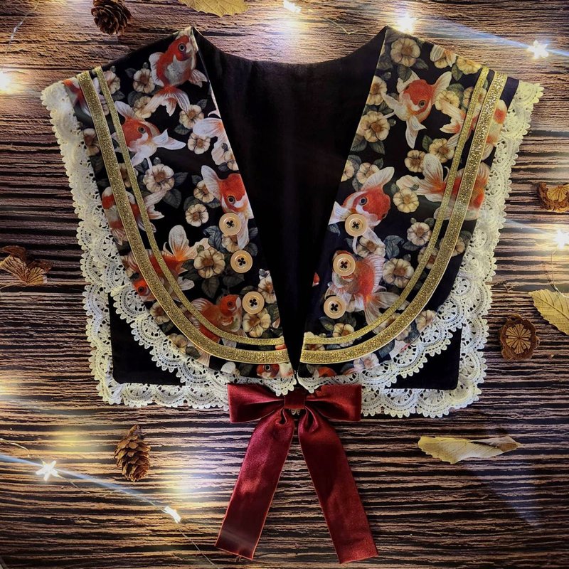 【水手领片】小金鱼与山茶花 - 领结/领巾 - 棉．麻 黑色