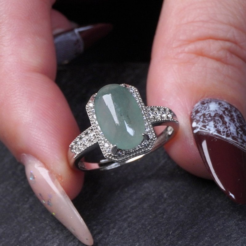 冰种翡翠蛋面戒指 925纯银 | 天然缅甸玉翡翠A货 | 送礼 - 项链 - 玉石 透明