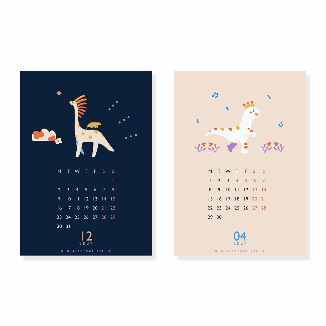 2024月历-小恐龙明信片月历套组 插画桌历 - 年历/台历 - 纸 多色