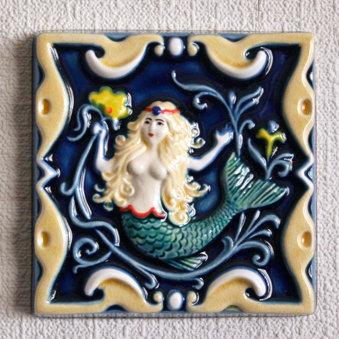 Mermaid handpainted ceramic art tile Decorative glazed ceramic tile - 花瓶/陶器 - 陶 蓝色