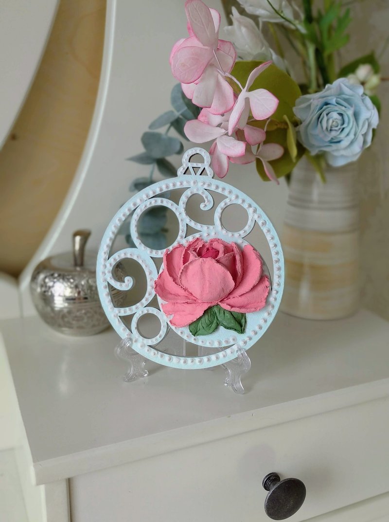 Small painting with pink rose Round floral painting gift Rose wall decor - 墙贴/壁贴 - 其他材质 粉红色