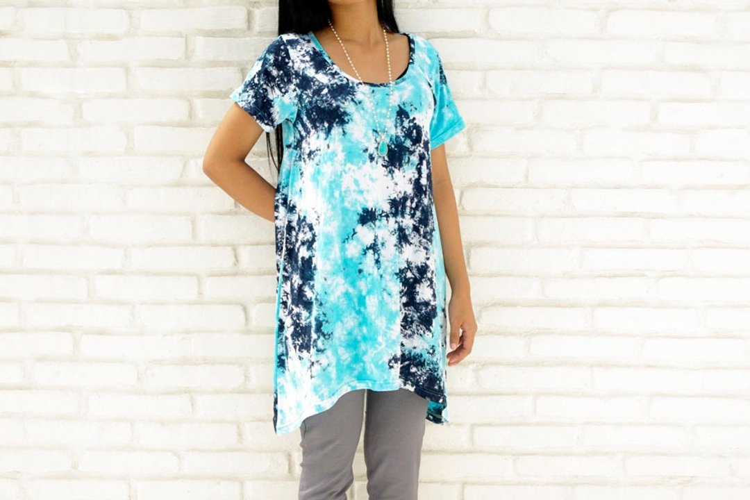 Uneven dyed A-line flare T-shirt <Blue Navy> - 女装上衣 - 其他材质 蓝色