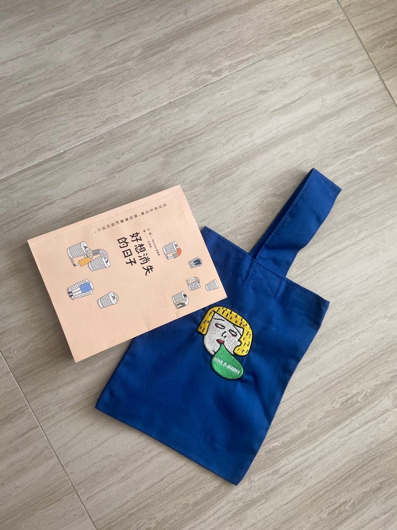 Bubble刺绣小提袋 - 手提包/手提袋 - 棉．麻 蓝色