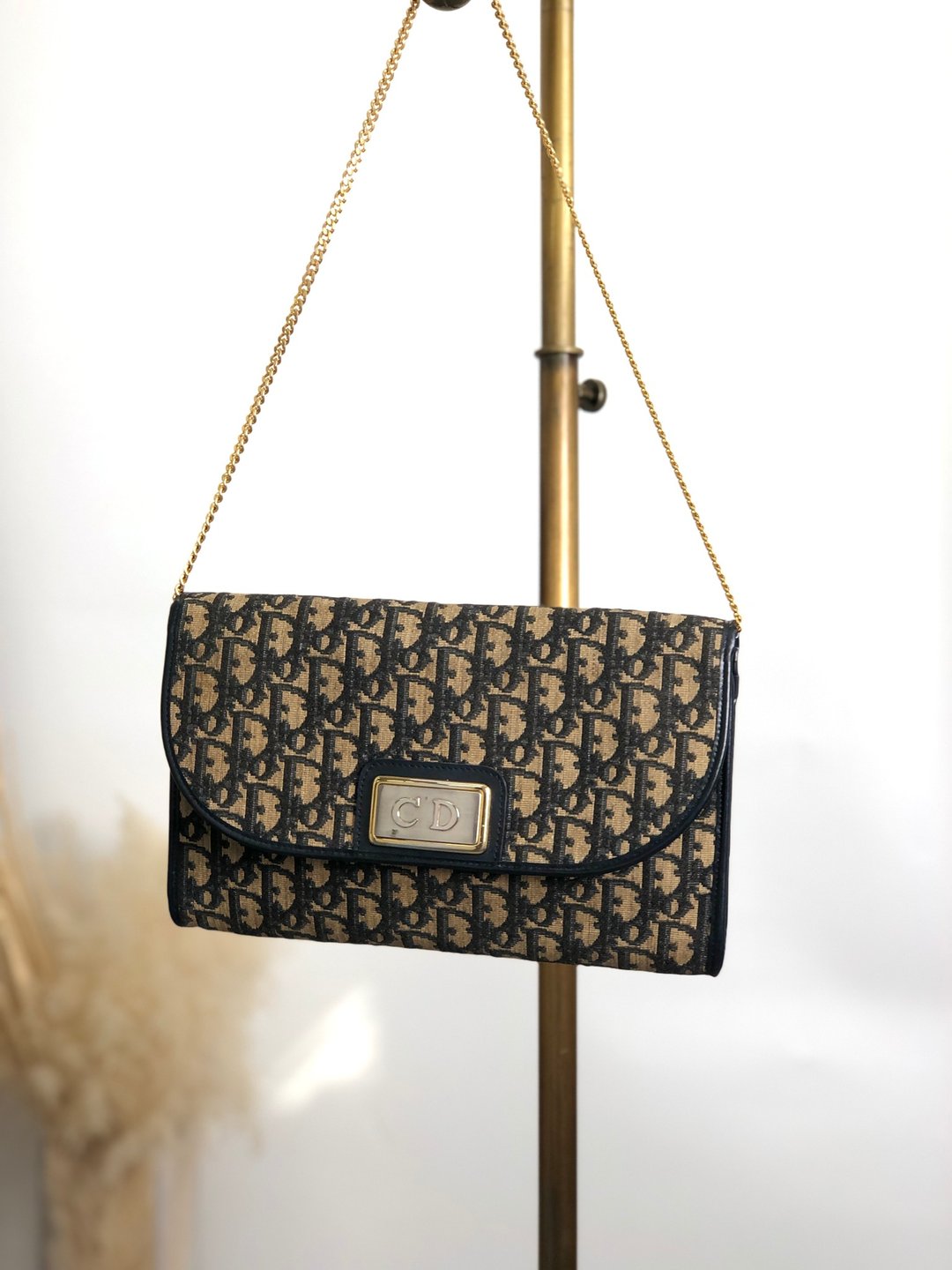 【VintageShop solo 日本直送中古包专卖店】Christian Dior Trotter 侧背包 宝蓝色 CD 缇花 链条 复古 bmy3ab - 侧背包/斜挎包 - 棉．麻 蓝色