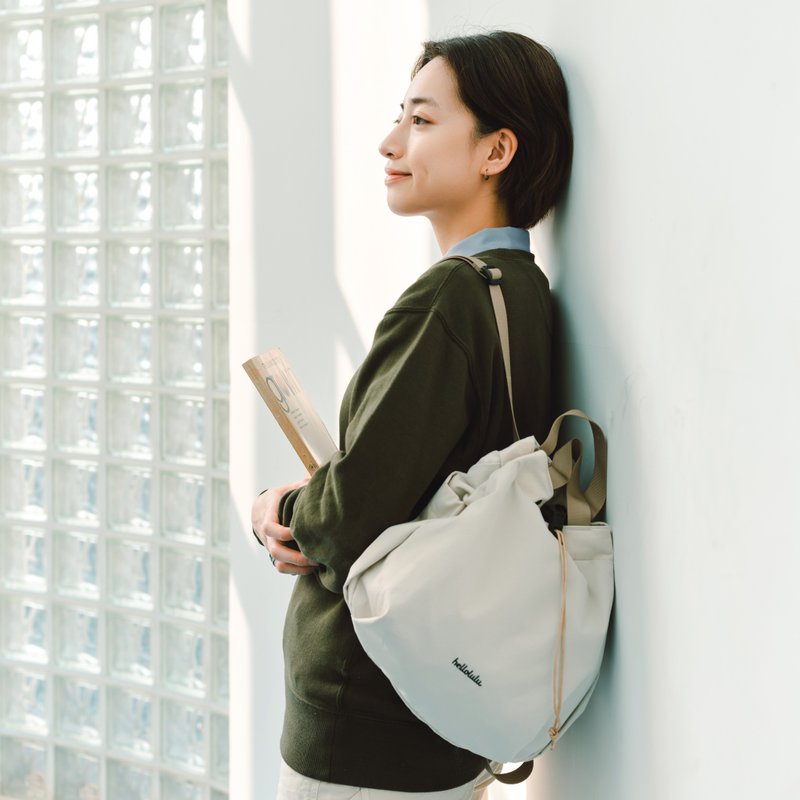 索绳束口文青小后背包S号 EMMA ECO (麻布白) | 休闲旅行双肩包 - 后背包/双肩包 - 聚酯纤维 白色
