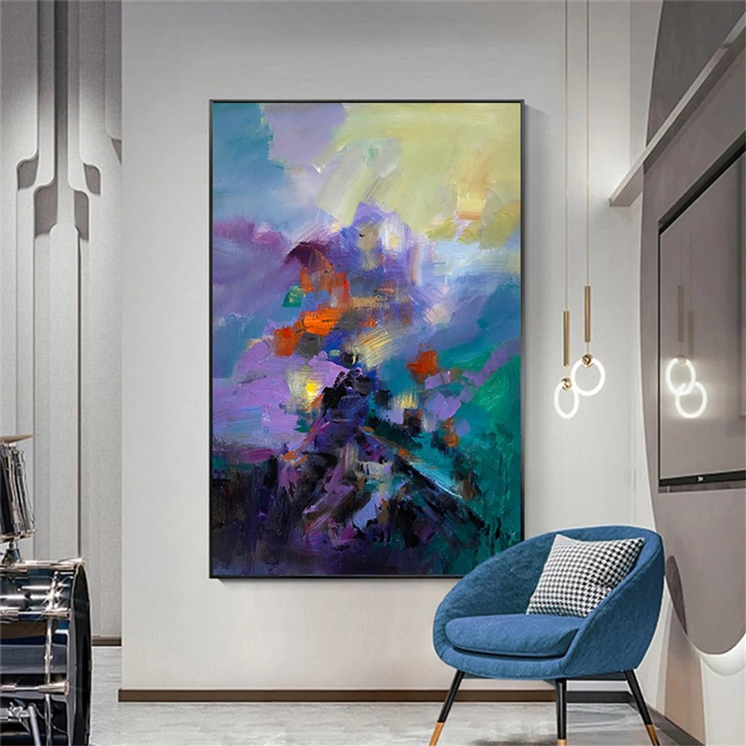 远山 手绘油画/紫色蓝色现代抽象画/原创商品/装饰画客厅走廊挂画 - 海报/装饰画/版画 - 亚麻 多色