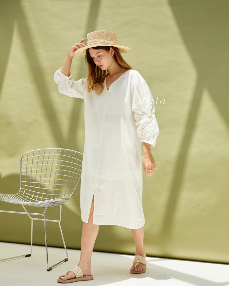 連身裙 - 洋装/连衣裙 - 亚麻 白色