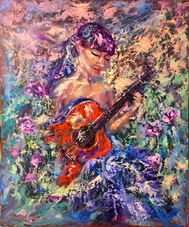 Guitar Girl Art Original Large Oil Painting Soul Song Artist Svinar Oksana - 其他 - 其他材质 多色
