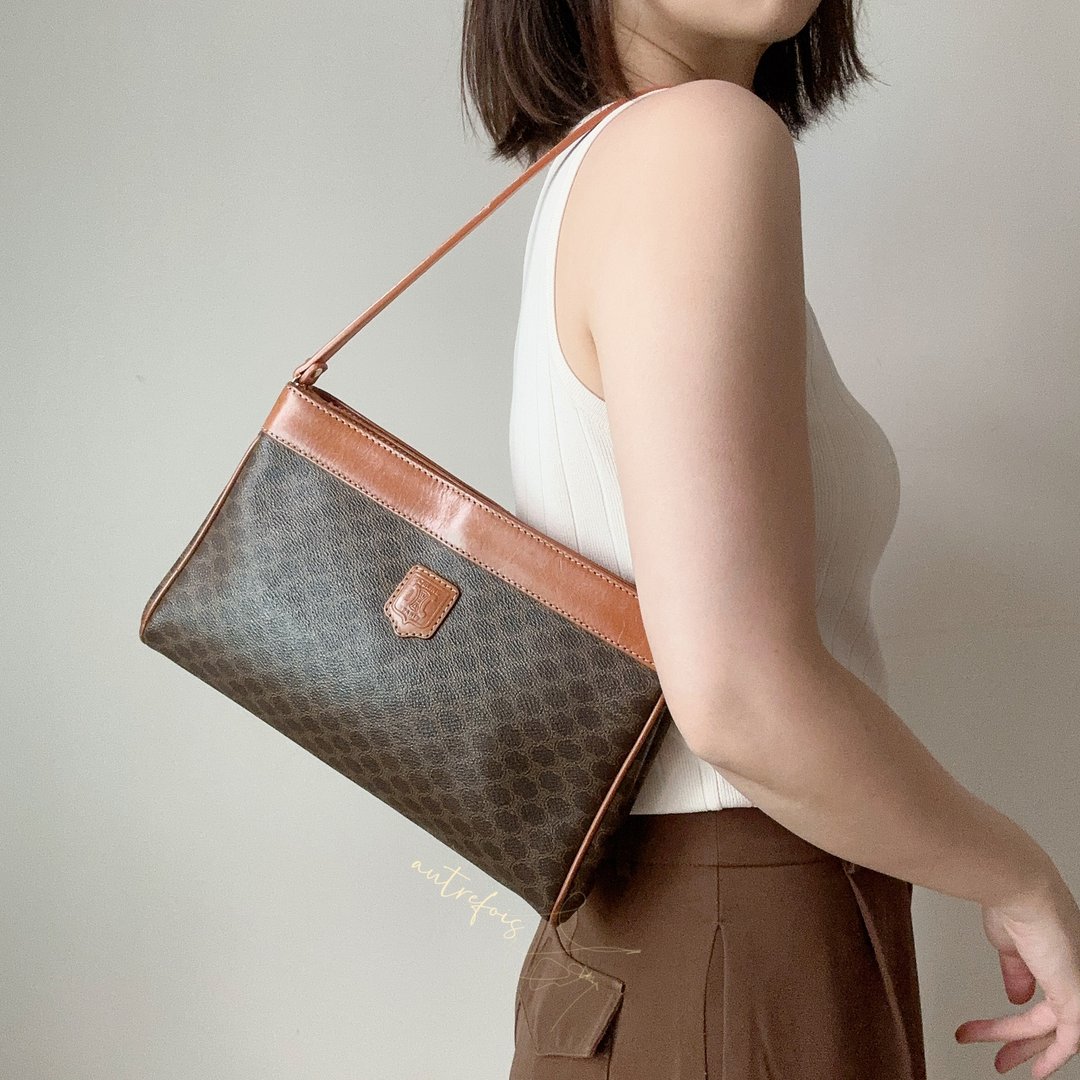中古正品Celine Macadam 长形手袋 腋下包 斜背包 不撞包 - 侧背包/斜挎包 - 真皮 咖啡色