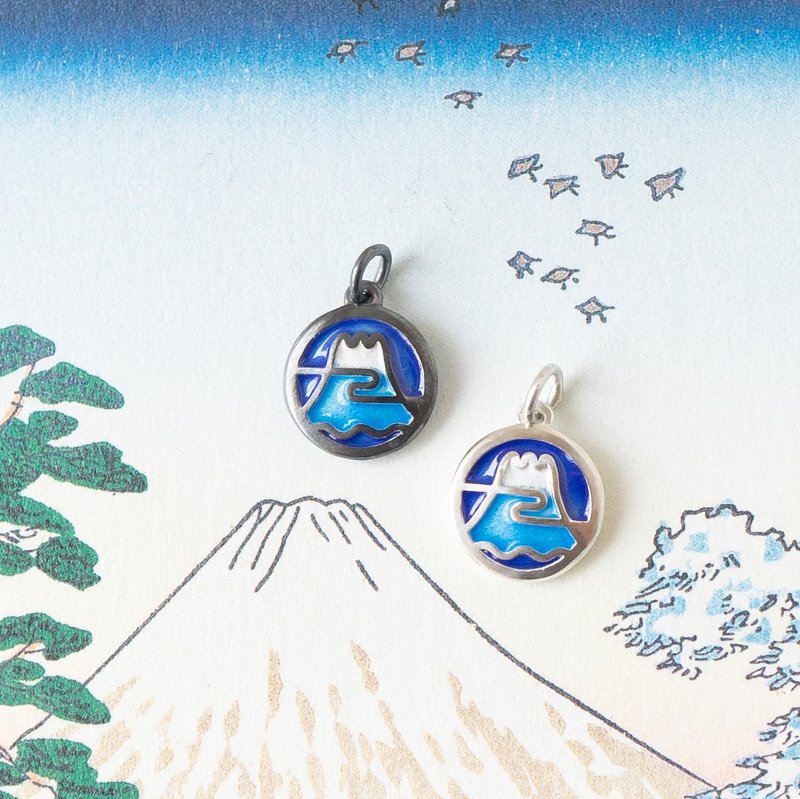 海浪【富士山】台湾铁窗花・手工 925 纯银珐琅坠项链 - 项链 - 纯银 银色