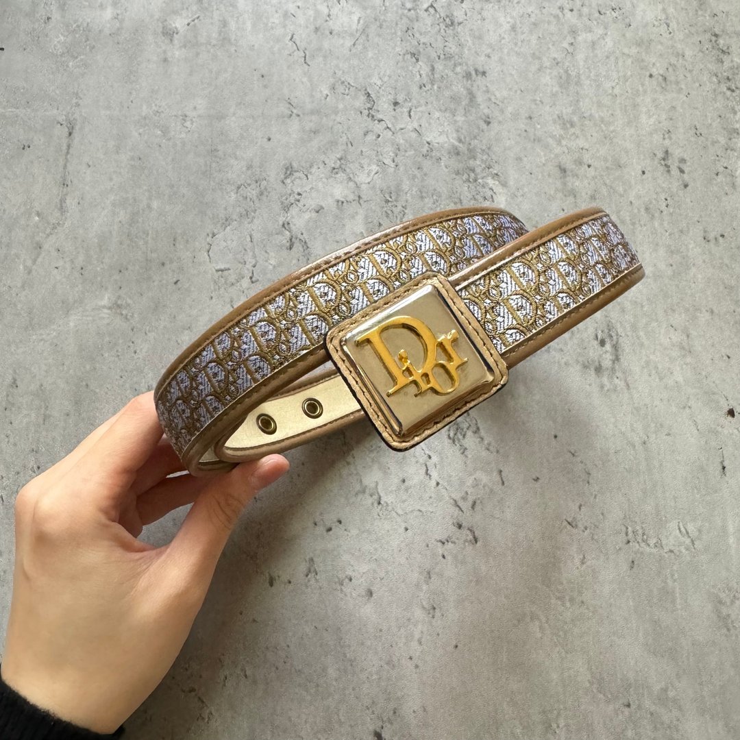 中古 Christian Dior 老花图案腰带 70cm - 皮带/腰带 - 真皮 卡其色