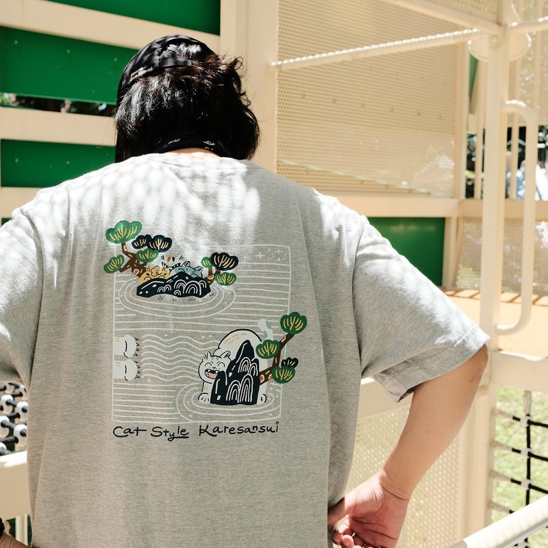 麻花灰猫岛 T / 猫系枯山水 - 女装 T 恤 - 棉．麻 灰色