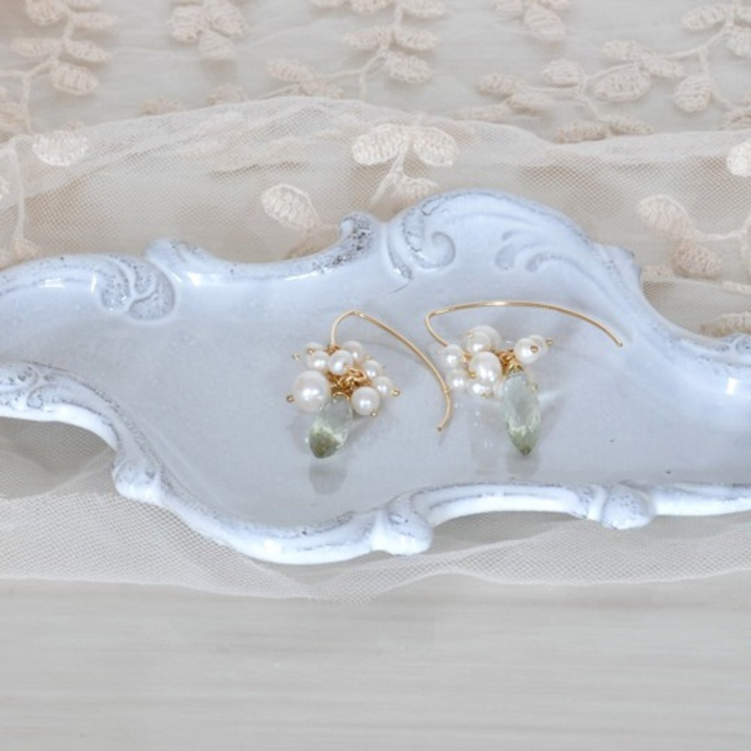 Pladiolite x pearl earrings (with charm) - 耳环/耳夹 - 宝石 