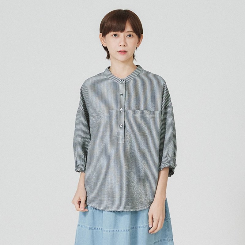 【Simply Yours】条纹皱缩上衣 灰F - 女装上衣 - 棉．麻 灰色