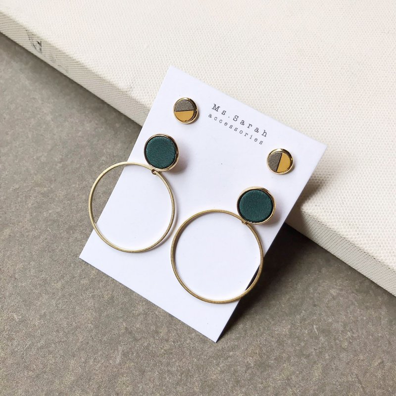 皮革圆框套组_黄铜几何圆_松柏绿(可改夹) - 耳环/耳夹 - 真皮 绿色