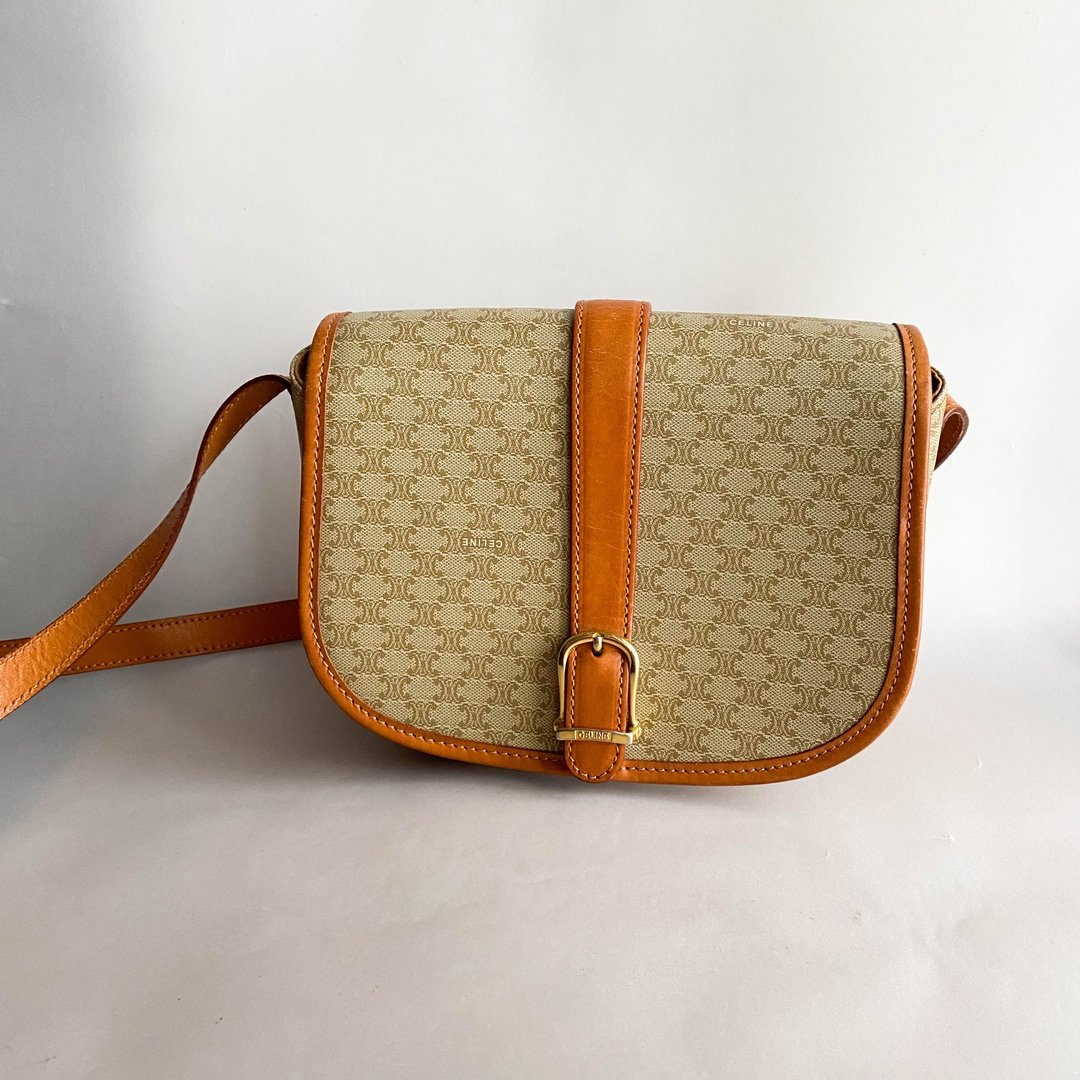 中古包Celine赛琳│啡色老花│斜背包│古董包│侧背包│马鞍包 - 侧背包/斜挎包 - 真皮 咖啡色