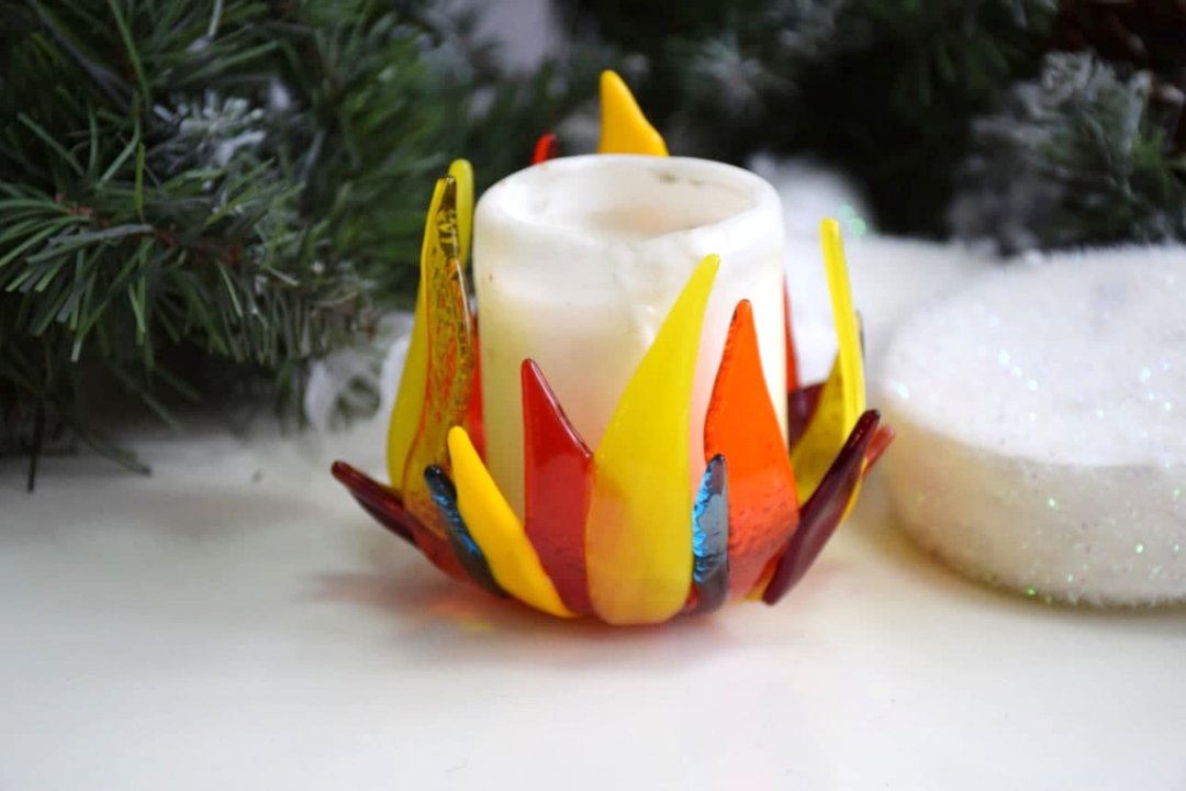 Christmas unique glass candle holder Fire -yellow fused glass candlestick holder - 蜡烛/烛台 - 玻璃 橘色